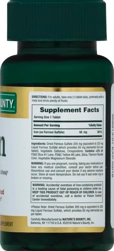 Nature’s Bounty Iron 65mg,325 mg Ferrous Sulfate,Cellular Energy Support,Promotes Normal Red Blood Cell Production,1 Serving Per Day,Gluten Free,100 Vegetarian Tablets,(Pack of 3)