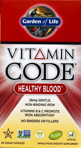 Garden of Life Vitamin Code Healthy Blood - Iron Supplement for Women, 60 Vegan Capsules, with Vitamins B, C, Trace Minerals, Fruit Veggies, Probiotics - for Energy and Anemia Support (Pack of 6)