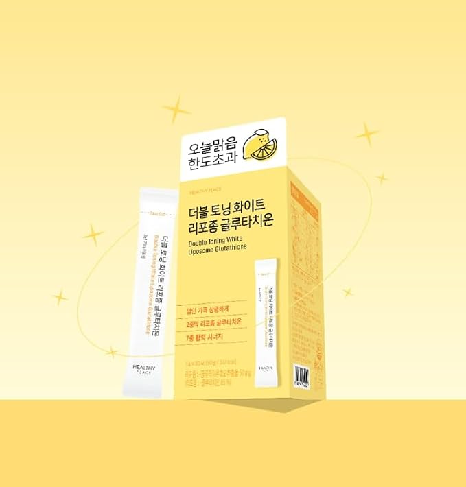HEALTHY PLACE Double Toning White Liposome Glutathione Korean Beauty Supplement – Liposomal L-Glutathione, Vitamin C 500 mg, Vitamin E, Biotin & Fish Collagen 500 mg, Lime-Lemon Flavor – 30 Packets