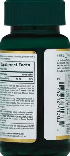 Nature’s Bounty Iron 65mg,325 mg Ferrous Sulfate,Cellular Energy Support,Promotes Normal Red Blood Cell Production,1 Serving Per Day,Gluten Free,100 Vegetarian Tablets,(Pack of 3)