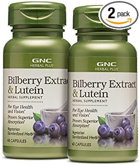 GNC Herbal Plus Bilberry Extract and Lutein Supplement, Vegetarian, Supports Eye and Vision Health, 60 Servings