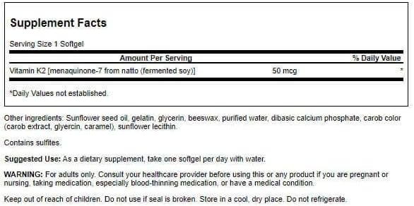 Swanson Natural Vitamin K2 (Menaquinone-7 from Natto) 50 mcg 30 Sgels (1 Pack)