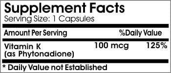 Natural Vitamin K-1 Phytonadione 100mcg ~ 100 Capsules - No Additives ~ Naturetition Supplements