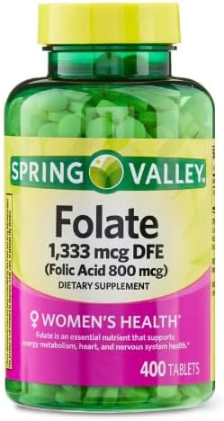 Generic Spring Valley Folate 1,333 mcg DFE, Folic Acid 800 mcg, 400 Tablets - Dietary Supplement, Women's Health Boost, Metabolism & Heart Support - Bundle with+ Sticker Dri Store