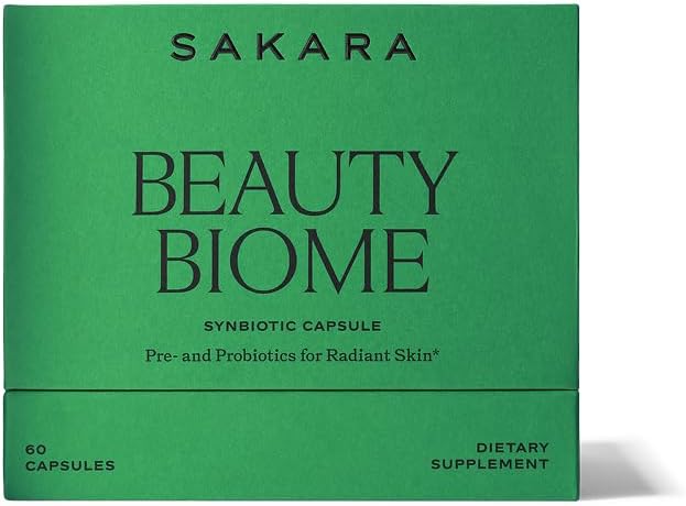 SAKARA Beauty Biome – Daily Synbiotic Supplement for Skin + Gut Health with Probiotic, Dermaval, Vitamins A, D, E, Antioxidants, Prebiotics & Enzymes – for Clear, Radiant, Hydrated Skin – 60 Capsules