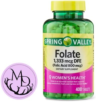 Generic Spring Valley Folate 1,333 mcg DFE, Folic Acid 800 mcg, 400 Tablets - Dietary Supplement, Women's Health Boost, Metabolism & Heart Support - Bundle with+ Sticker Dri Store
