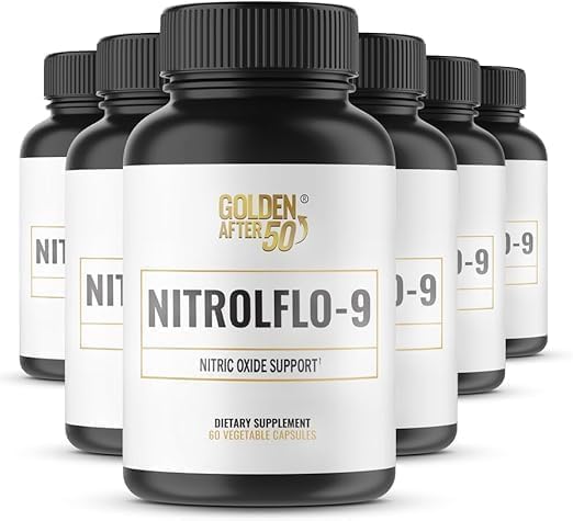 Golden After 50 NitrolFlo-9 - Nature-Powered Nitric Oxide Supplement with Pomegranate Extract, Grape Seed, and S7 - Supports Nutrient Circulation and Optimal Energy - 6 Bottles
