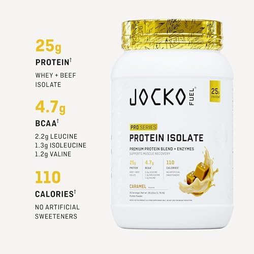 Jocko Fuel Whey Protein Isolate Pro Series, Caramel, 25g Low Lactose Whey + Beef Collagen, with Digestive Enzymes + Probiotics, 4.7g BCAAs, Low Carb, 25 Servings