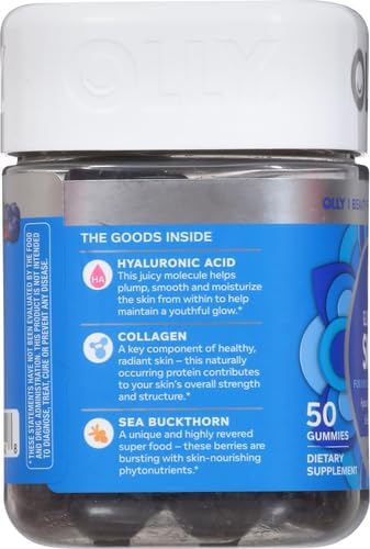 OLLY Glowing Skin Gummy, Hydrated & Youthful Skin,* Hyaluronic Acid, Collagen Peptides, Sea Buckthorn, Plump Berry Flavor, 25 Day Supply - 50 Count (Pack of 2)