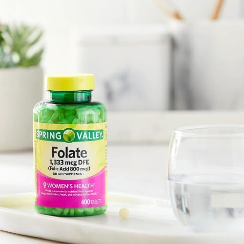Generic Spring Valley Folate 1,333 mcg DFE, Folic Acid 800 mcg, 400 Tablets - Dietary Supplement, Women's Health Boost, Metabolism & Heart Support - Bundle with+ Sticker Dri Store