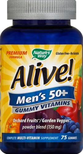 Nature's Way Alive! Men’s 50+ Premium Gummy Multivitamin, Supports Healthy Heart, Brain & Muscle Function*, B-Vitamins, Vegetarian, Grape, Orange and Cherry Flavored, 75 Gummies, (Pack of 2)