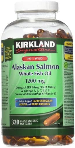 Kirkland Signature 100% Wild Alaskan Salmon Oil 90 EPA 110 DHA 1200mg - 320 Enteric Coated Softgels