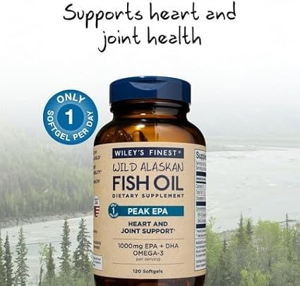 Wiley's Finest Wild Alaskan Fish Oil Peak EPA - Triple Strength Peak EPA & DHA Supplement - 1000mg Fish Oil - Omega-3s for Joint Health Support - 120 Softgels (120 Servings)