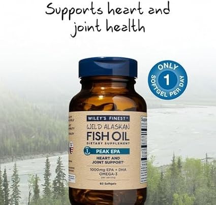 Wiley's Finest Wild Alaskan Fish Oil Peak EPA - Triple Strength Peak EPA & DHA Supplement - 1000mg Fish Oil - Omega-3s for Joint Health Support - 60 Softgels (60 Servings)