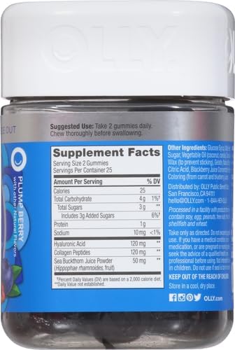OLLY Glowing Skin Gummy, Hydrated & Youthful Skin,* Hyaluronic Acid, Collagen Peptides, Sea Buckthorn, Plump Berry Flavor, 25 Day Supply - 50 Count (Pack of 2)