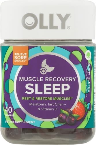 OLLY Muscle Recovery Sleep Gummies,Sleep and Sore Muscle Support,3mg Melatonin,Tart Cherry,Vitamin D,Berry Flavor -,40 Count (Pack of 2)