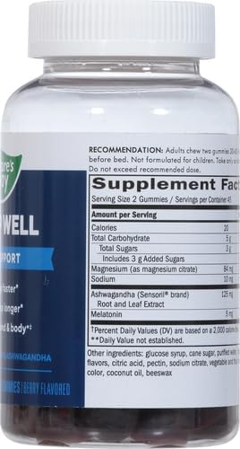 Nature's Way Sleep Well Melatonin and Magnesium Gummies,Sleep Support for Adults*,with Ashwagandha,Berry Flavored,90 Gummies,(Pack of 2)