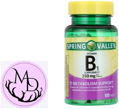 Spring Valley Vitamin B1 Tablets Dietary Supplement, 250 mg, 100 Count + Dri Store Sticker.