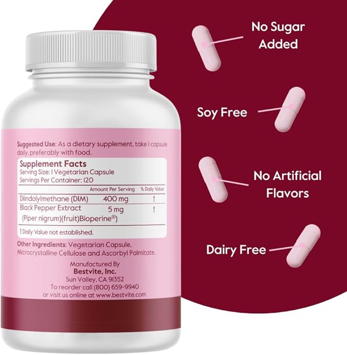 BESTVITE DIM (Diindolylmethane) 400mg with Bioperine (120 Vegetarian Capsules) - No Stearates - No Gelatin - Vegan - Non GMO - Gluten Free