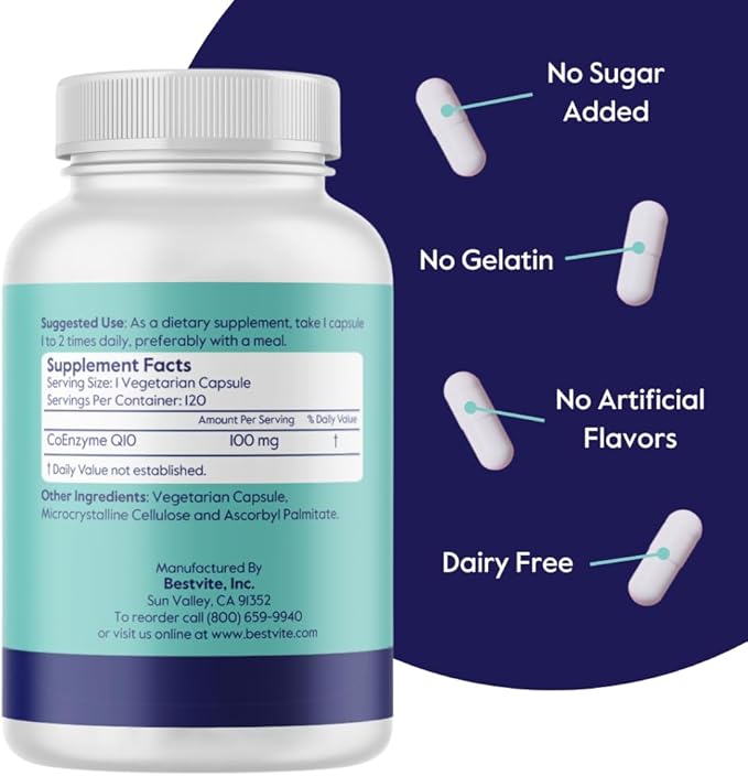 BESTVITE Coenzyme CoQ10 100mg (120 Vegetarian Capsules) Naturally Fermented - No Stearates - No Fillers - Vegan - Non GMO - Gluten Free