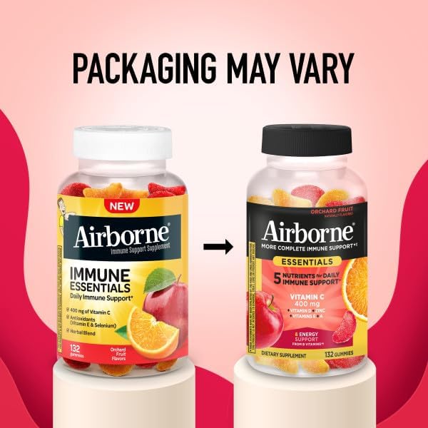 Airborne 400mg Vitamin C Gummies for Adults & Children, Immune Essentials Daily Immune Support Supplement with Vitamins C & E - Orchard Fruit Flavor, 132 Gummies (Pack of 2)