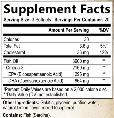 Built by Nature Omega-3 Fish Oil 3600mg – High EPA & DHA – 2160mg Omega 3s per Serving – Triple Strength Burpless Softgels – Heart & Brain Support – 60 Softgels