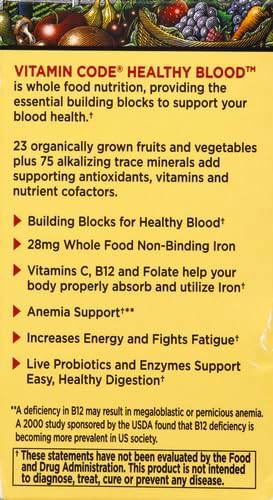 Garden of Life Vitamin Code Healthy Blood - Iron Supplement for Women, 60 Vegan Capsules, with Vitamins B, C, Trace Minerals, Fruit Veggies, Probiotics - for Energy and Anemia Support (Pack of 6)