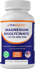 Vitamatic Magnesium (from Bisglycinate & Oxide) with Vitamin D3 & Zinc - 120 Veg Capsules - Supports Muscle, Joint, Nerve & Heart Health – Non-GMO, Gluten-Free
