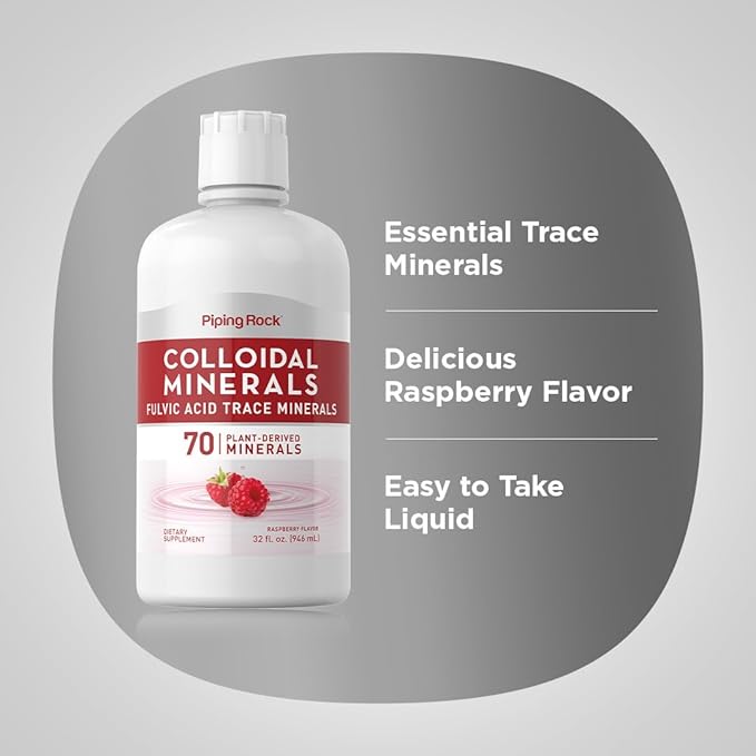 Piping Rock Colloidal Minerals Liquid | 32 fl oz | Fulvic Acid Trace Minerals | Plant Derived | Raspberry Flavor | Vegetarian, Non-GMO, Gluten Free Supplement
