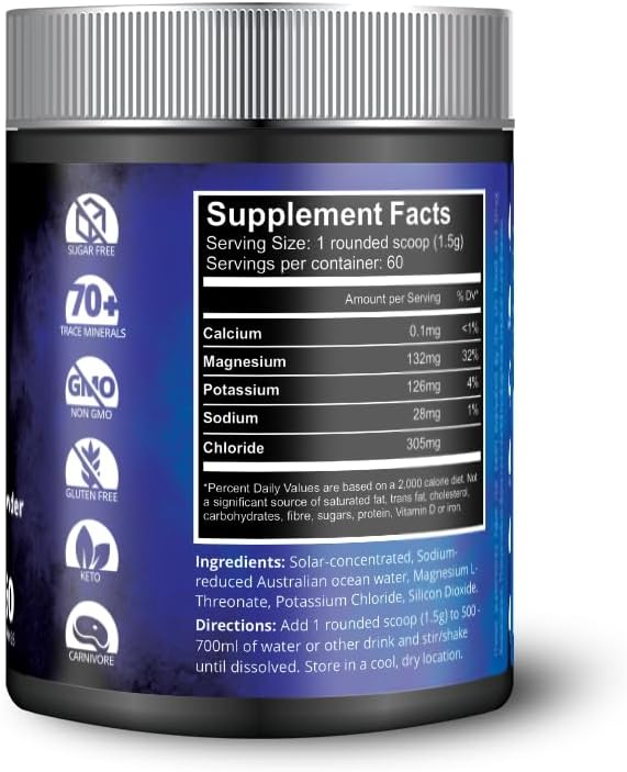 Aussie Trace Minerals Magnesium Hydration Powder | Supercharged Hydration, Recovery | Magnesium-Rich, Low Sodium | Ocean Minerals + Mag L‑Threonate | Sugar-Free, unflavored | 60 Serves | Vegan, Keto