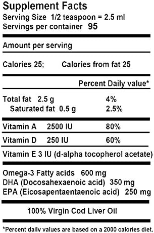 Virgin Cod Liver Oil - 8 Fl oz Natural, Wild Caught & Fresh Tasting,.High in Vitamin D, Omega 3 DHA/EPA (Peppermint Flavored)