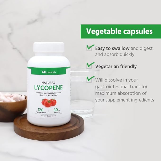 ML Naturals Natural Lycopene 30mg (Per Serving) – 120 Vegetable Capsules – Supports Cardiovascular, Immune & Prostate Health