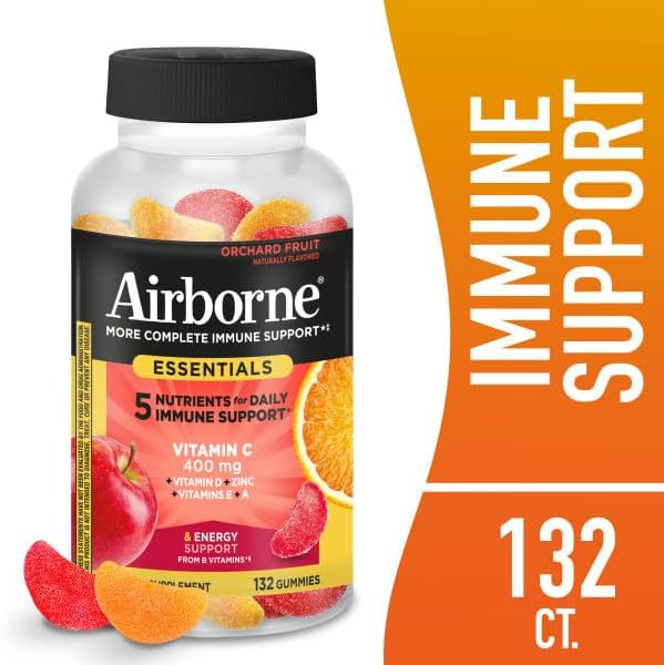 Airborne 400mg Vitamin C Gummies for Adults & Children, Immune Essentials Daily Immune Support Supplement with Vitamins C & E - Orchard Fruit Flavor, 132 Gummies (Pack of 2)