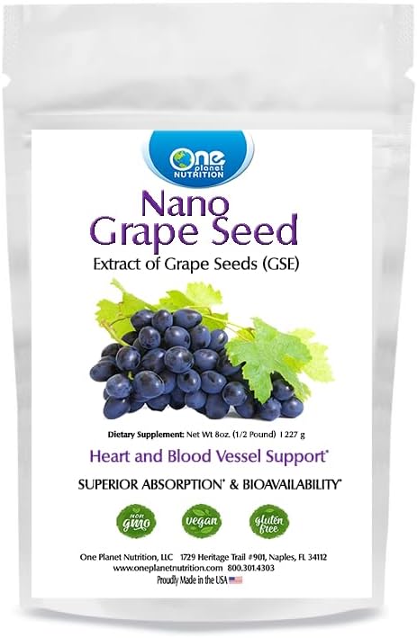One Planet Nutrition Nano Grape Seed Powder 8 oz (227 Servings) - Nano Particle Size Vitis Vinifera Extract for High Absorption - Supports Skin & Cardiovascular Health - Non GMO, Vegan, Gluten Free