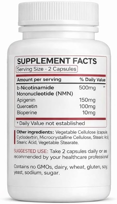 N-Stac NMN 500mg + Apigenin & Quercetin for NAD+ Support - Flavonoid NAD+ Preservation Complex - Third-Party Tested - 60 Veggie Capsules