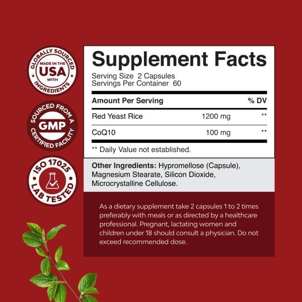 Natures Craft Red Yeast Rice with CoQ10 Supplement - Advanced Healthy Heart & Healthy Cholesterol Levels Formula for Men & Women - Red Yeast Rice Capsules with 1200 mg per Serving and CoQ10-120 Count