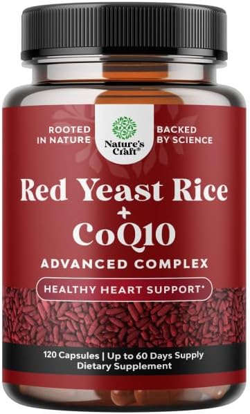 Natures Craft Red Yeast Rice with CoQ10 Supplement - Advanced Healthy Heart & Healthy Cholesterol Levels Formula for Men & Women - Red Yeast Rice Capsules with 1200 mg per Serving and CoQ10-120 Count
