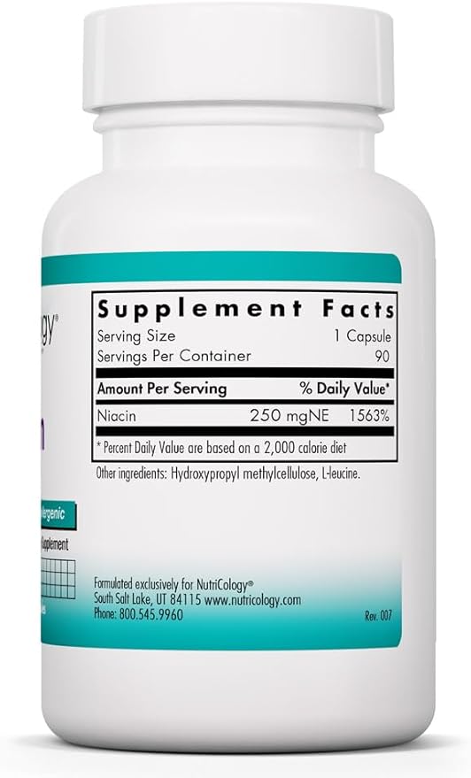Allergy Research Group Nutricology Niacin Supplement - Vitamin B3 for Men & Women, Niacin with Flush, Nicotinic Acid, NAD, 250mg Vegetarian Capsules - 90 Count