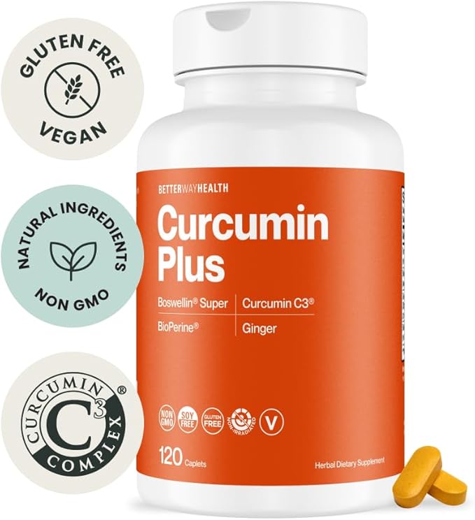 Better Way Health™ Curcumin Plus – Turmeric Curcumin C3® Complex with Boswellin®, BioPerine®, and Ginger – Joint Support & Inflammation Relief Supplement – 120 Caplets