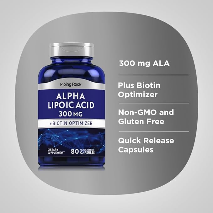 Piping Rock Alpha Lipoic Acid 300mg | Plus Biotin Optimizer | 80 Capsules | Non-GMO, Gluten Free Supplement