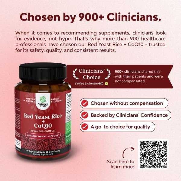 Natures Craft Red Yeast Rice with CoQ10 Supplement - Advanced Healthy Heart & Healthy Cholesterol Levels Formula for Men & Women - Red Yeast Rice Capsules with 1200 mg per Serving and CoQ10-120 Count