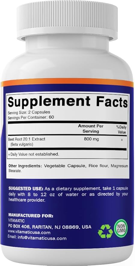 Vitamatic Beet Root 20:1 Extract Capsules 800 mg Per Serving (Beta vulgaris) – Nitric Oxide Support Supplement – Non-GMO, Gluten Free – 120 Veggie Capsules – Made in USA