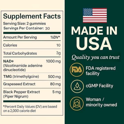 b.Ready NAD+ Gummies, Premium 1000 mg NAD Supplement with 500 mg TMG, Grape Seed & Black Pepper Extract – NAD+ for Healthy Aging, Cellular Energy & Antioxidant Support, Vegan, Sugar-Free, 60 Count