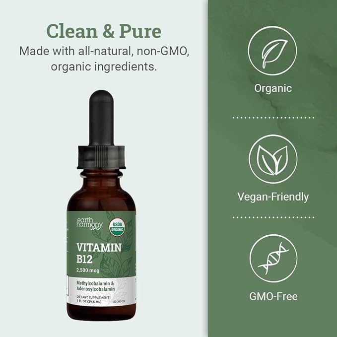 USDA Organic Vitamin B12 2000mcg Sublingual Liquid Supplement (2-Pack) - Vegan Methylcobalamin Drops for Natural Energy, Maintain Metabolism, and Immune System Support - 1 Fl Oz