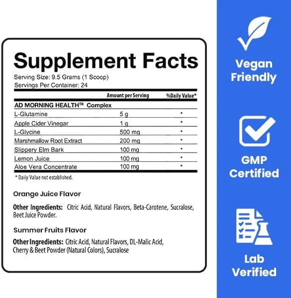 Project AD Life Good Morning Detox and Performance Drink, Naturally Flavored and Formulated with L-GLutamine, Apple Cider Vinegar, and Aloe Vera (24 Servings, Fresh Pressed Orange Juice)