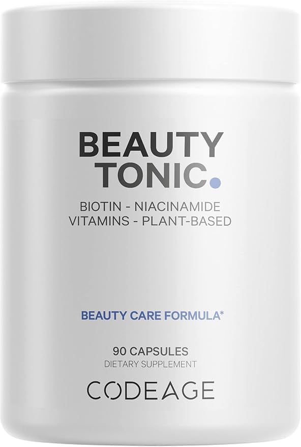 Codeage Biotin Supplement with Vitamin C, Vitamin E, Vitamin B6, Niacin, Folate, Organic Food Blend, Phytoceramides, Astaxanthin, Selenium - Beauty Tonic - Hair, Skin, and Nail Support - Vegan, 90 Ct