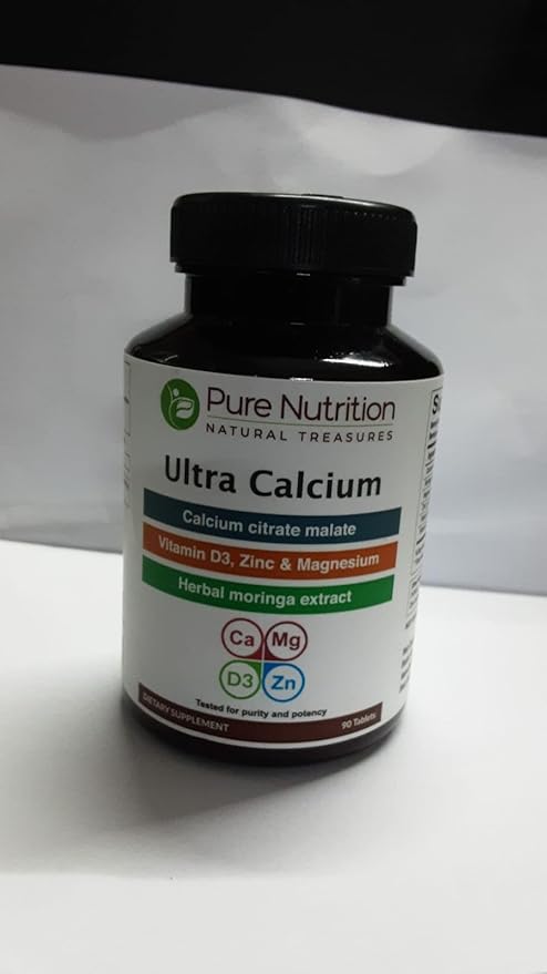Pure Nutrition Ultra Calcium 1000mg with VIT D3 + K | 90 Tab | Calcium Supplement with Calcium Citrate Malate, VIT D3, K, Moringa Oleifera, Magnesium and Zinc.