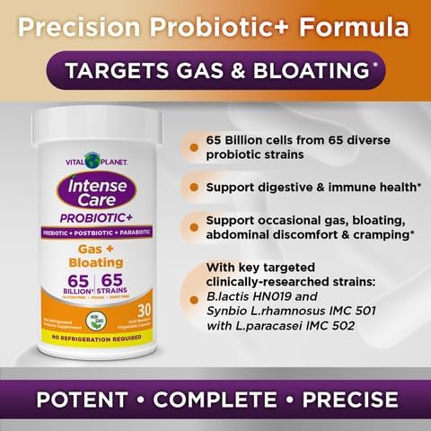 Vital Planet - Intense Care Gas & Bloating Probiotics Plus Organic Prebiotics, Postbiotics, Parabiotics, Complete 4-in-1 Supplement for Adults, 65 Billion CFU, 65 Strains, Digestive and Immune 30 ct