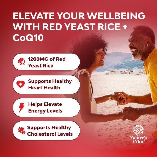 Natures Craft Red Yeast Rice with CoQ10 Supplement - Advanced Healthy Heart & Healthy Cholesterol Levels Formula for Men & Women - Red Yeast Rice Capsules with 1200 mg per Serving and CoQ10-120 Count