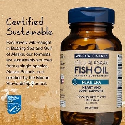 Wiley's Finest Wild Alaskan Fish Oil Peak EPA - Triple Strength Peak EPA & DHA Supplement - 1000mg Fish Oil - Omega-3s for Joint Health Support - 60 Softgels (60 Servings)